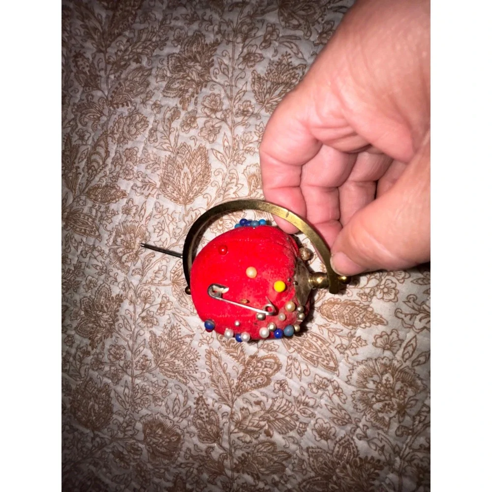 Vintage Red Tomato Pin Cushion Brass Swivel Frame Sewing Notion with Pins